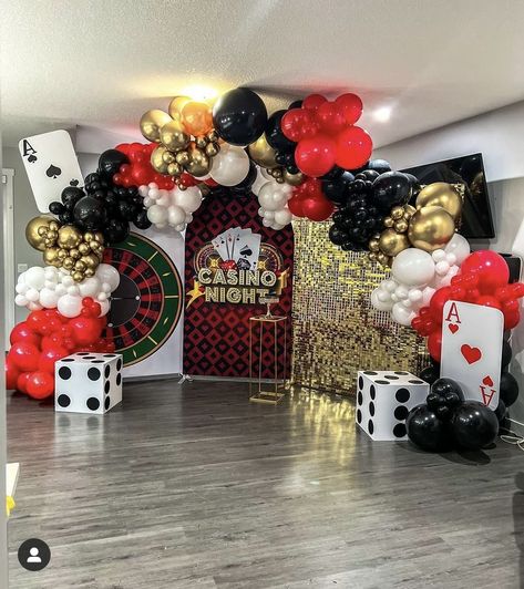 Casino Party Table Set Up, Casino Dance Theme, Los Vegas Party Theme, Casino Themed 50th Birthday Party, Casino Theme Background, Casino Theme Party Decorations Diy Ideas, 40th Birthday Ideas For Men Party Themes Casino Night, 21 Casino Theme Party, Casino Night Birthday Party Ideas