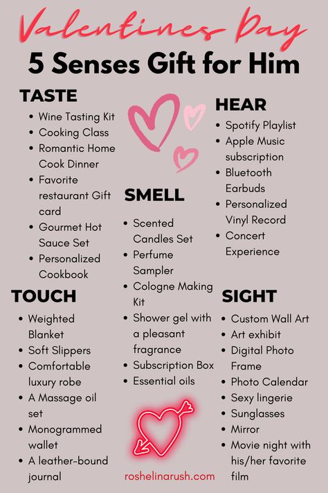 list full of valentines day 5 senses gifts Idea For Gift For Boyfriend, Valentines Day Gifts For Crush, 4 Senses Gift Ideas, Birthday Gifts For Boyfriend 5 Senses, Taste Gifts For Him, Taste Sense Gift For Him, Diy Gift Ideas For Boyfriend Creative, Physical Touch Gift Ideas, Sight Sense Gift For Him