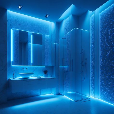 Futuristic Bathroom Aesthetic, Aesthetic Bathroom With Led Lights, Light Blue And White Bathroom Ideas, Aesthetic Blue Bathroom, Cybercore Bathroom, Modern Futuristic House Interior, Dream Rooms Led Lights, Led Lights Bathroom Aesthetic, Bathroom Ideas Led Lights