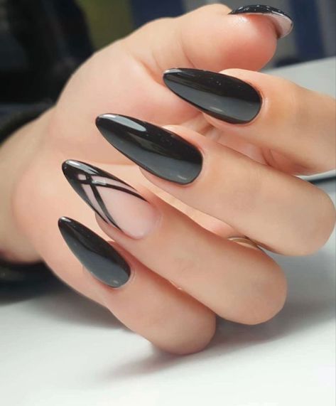 Black Almond Nails, Glitter Accent Nails, Nail Techniques, Gothic Nails, Simple Gel Nails, Casual Nails, Classy Design, Dream Nails, Funky Nails