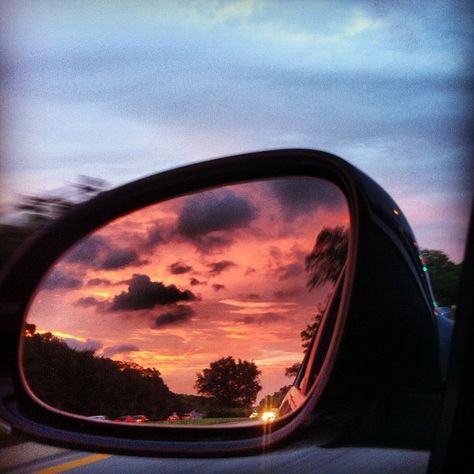 Sunset In Rearview Mirror, Rearview Mirror Aesthetic, Sunset Paintings, Drawing Sunset, Car Side View, Mirror Drawings, Sunset Drive, Side Mirror Car, Mirror Reflection