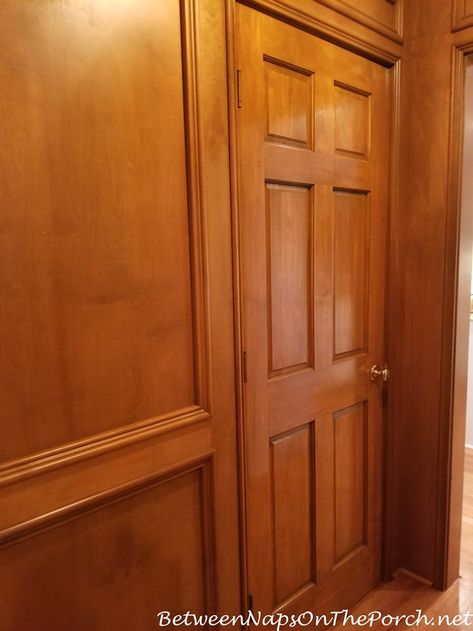 Door Stained to match Judges Paneling, Paneled Walls Oak Paneled Walls, Painted Judges Paneling, Judge Paneling, Wallpaper With Paneling, Oak Paneling Walls, Raised Panel Walls, Judges Paneling, Paneling Makeover, Master Tub