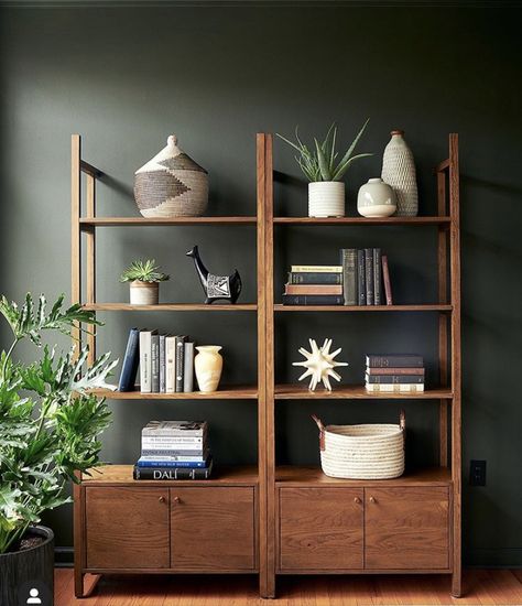 Modern Industrial Bookshelf, Eames Side Chair, Bookshelves In Living Room, Oak Shelves, Highland Homes, Dark Wall, Light Wood, Living Room Inspiration, Shelf Decor