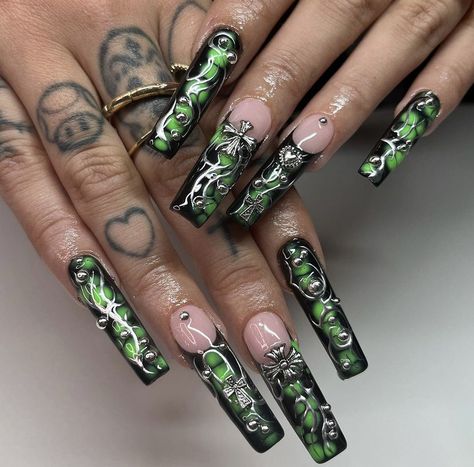 Green Alt Nails, Green Gothic Nails, Green Y2k Nails, Green Baddie Nails, Cybergoth Nails, Brat Nails, Jay Core, Green Acrylic Nails, Long Square Nails