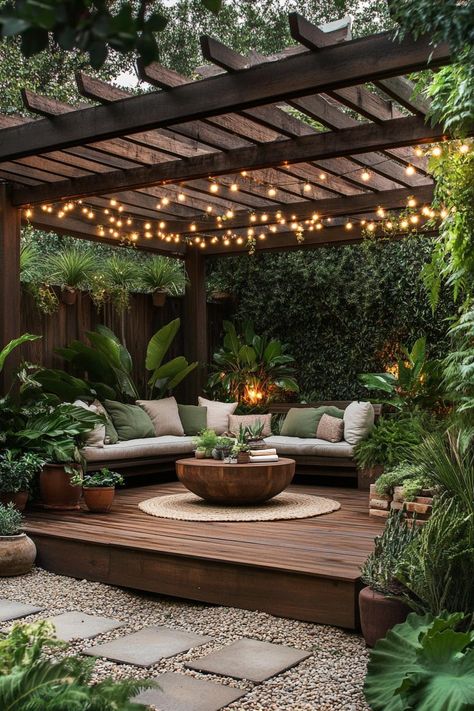 Backyard Patio Aesthetic, Patio Living Room Ideas, Outdoor Patio Aesthetic, Private Patio Ideas, Patio With String Lights, Outdoor Covered Patio Ideas, Outside Patio Ideas, Amazing Patios, Covered Outdoor Patio Ideas