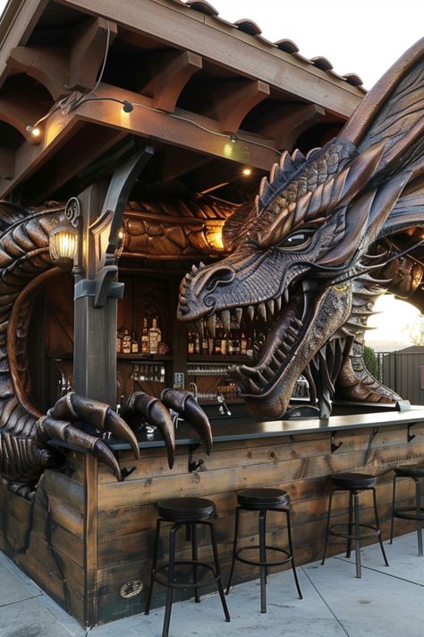 Elevate your outdoor entertaining with enchanting dragon-themed patio bars! Discover how these mythical designs can add a touch of magic to your space. 🐉✨ #DragonDecor #PatioInspiration #OutdoorEntertaining #MythicalDesign #HomeDecor Bar Face Ideas, Mythical Designs, Bar Themes, Dragon Room, King Dragon, Patio Bars, Gothic Decor Bedroom, Fantasy Furniture, Cave House