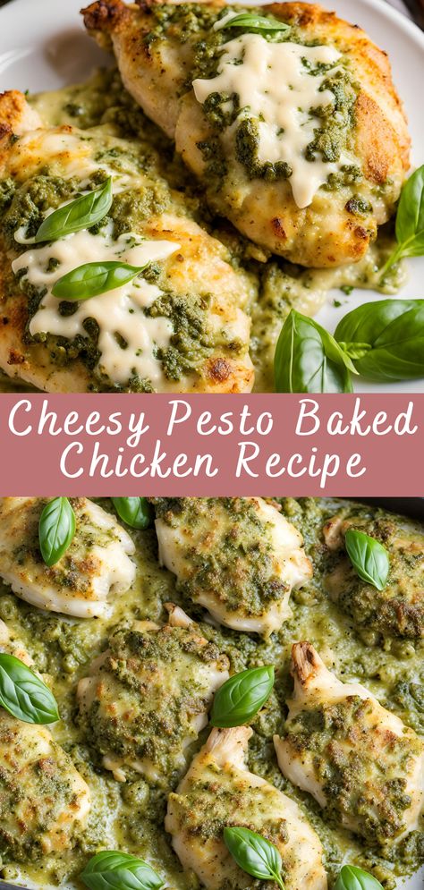 Cheesy Pesto Baked Chicken Recipe | Cheff Recipes Pesto Ideas, Pesto Baked Chicken, Pesto Recipes Dinner, Pesto Chicken Bake, Recipes Using Pesto, Pesto Mozzarella Chicken, Lemon Pesto Chicken, Pesto Chicken Breast, Pesto Dishes