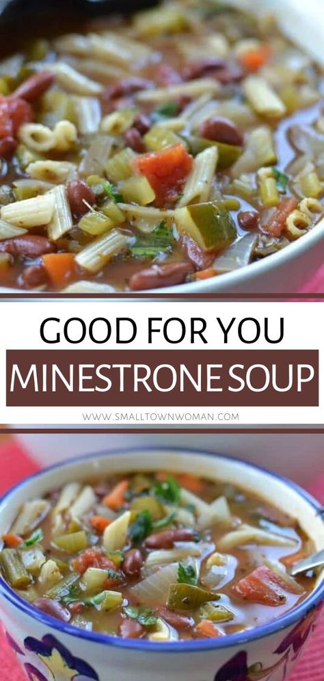 This Good For You Minestrone Soup is the perfect comfort food recipe that is low in calories and high in nutrients! It is a healthy vegan minestrone soup loaded with veggies and beans. Save this healthy winter comfort food for dinner! Green Beans Pasta, Sunday Family Dinner Ideas, Vegan Minestrone, Vegan Minestrone Soup, Food For Dinner, Minestrone Soup Recipe, Winter Comfort Food, Diet Breakfast Recipes, Minestrone Soup