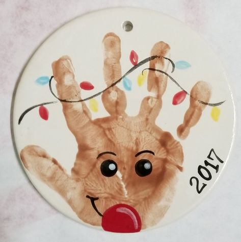 Baby Footprint Clay Christmas, Hand Feet Christmas Crafts, Baby Print Ornament Diy, Rudolph Handprint Ornament, Christmas Crafts For Kids Footprint, Christmas Ornament Ideas For Toddlers, Hand Print Rudolph, Christmas Baby Art Hand Prints, Baby Feet And Hand Print Ideas Christmas