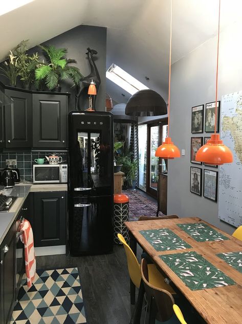 Dark Blue House Interior Design, Eclectic Black Kitchen, Orange Smeg Fridge Kitchen, Moody Eclectic Decor Kitchen, Edgy Kitchen Decor, Black Kitchen Vintage, Black Tiny Kitchen, Edgy Kitchen Design, Orange And Black Kitchen