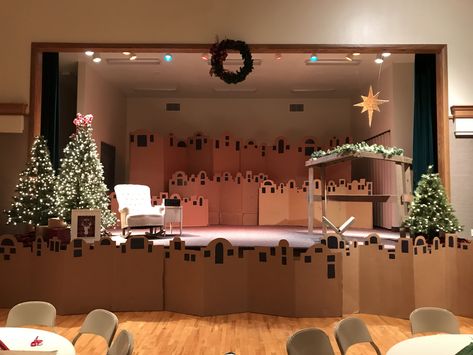 Christmas Play Decorations Stage Design, Easy Christmas Stage Decorations, Christmas In Bethlehem Party, Christmas Play Backdrop, Bethlehem Christmas Village, Nativity Backdrop Stage Design, Ward Christmas Party Nativity, Town Of Bethlehem Backdrop, Nativity Centerpieces Diy