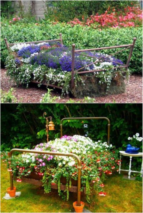 I’m always looking for ways to reuse things – especially old furniture. I’m also always looking for creative ways to spruce up my backyard and flower garden. You can’t even imagine how excited I was to come across these different ways that satisfy both of my passions – decorating the flower... Iron Bed In Garden, Old Metal Bed Frame Ideas Garden, Flower Bed Planter Ideas, Headboard In Garden Ideas, Bed Frame Garden Ideas, Low Maintenance Garden Design, Easy Gardening, Flower Bed Designs, Outdoor Garden Planters