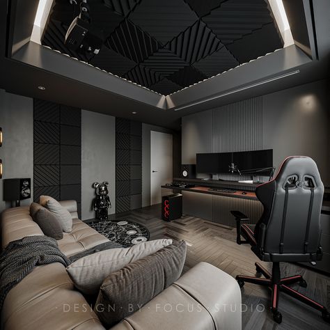 Bedroom Studio Aesthetic, Interior Design Game Room, Home Studio Interior Design, Gaming House Design, Gaming Studio Design, Home Studio Inspiration, Gaming Studio Room, Music Studio Inspiration, Recording Room Design