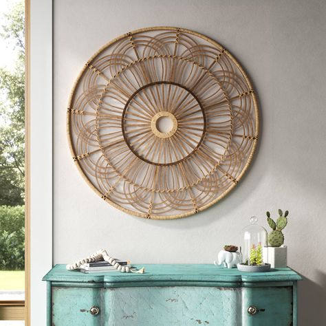 Mistana™ 36" Round Wicker Wall Decor - Brown Hanging Decorative Circle - Contemporary Rustic Decor & Reviews | Wayfair Wicker Plate Wall Decor, Large Blank Wall Ideas Office, Feng Shui Home Office, Apartment Upgrades, Contemporary Rustic Decor, Solo Living, Wicker Wall Decor, Large Gallery Wall, Starburst Wall Decor