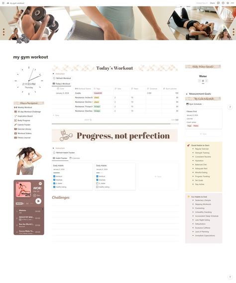 Track your gym workout routine progress with this easy-to-use fitness notion planner. A fully customizable template that's easy to use and beginner-friendly while remaining aesthetically pleasing. A simple design with a side navigation bar that is accessible from every page for easy navigation! Keep organized your fitness journey all in one place to make reaching your goals that much easier. Fitness Notion Template, Minimalist Fitness, Gym Tracker, Student Planner Organization, Study Planner Free, Workout Names, Gym Planner, Gym Schedule, Workout Template