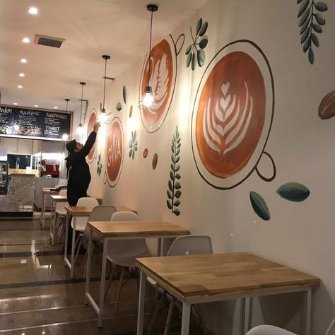 Gwaku Mural by Art Battalion at Gwaku Kafe Wallpaper For Cafe Shop, Coffee Shop Wall Mural Ideas, Cafe Wall Murals Coffee Shop, Coffee Bar Mural, Cafe Painting Wall, Coffee Mural Wall, Coffee Shop Mural Wall, Coffee Shop Mural Ideas, Cafe Mural Ideas Coffee Shop