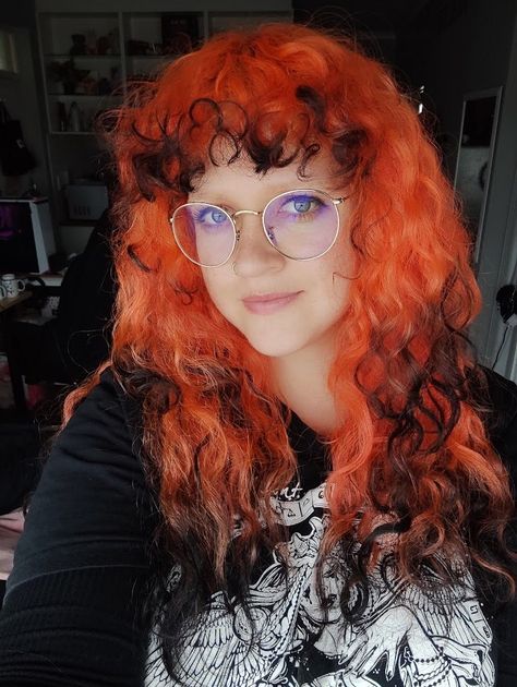 Did something different! Kind of feel like a fox, I have seen this dipped ends look on straight hair but not many times on curls, so hope it inspires others to try more things! I really love how it turned out Orange Hair With Red Tips, Fox Hair Color Tips, Orange To Red Hair, Dyed Ends Curly Hair, Curly Hair Dip Dye, Orange Hair With Black Tips, Dip Dye Curly Hair, Ginger Hair With Black Tips, Hair Dye Ideas Purple