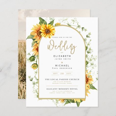 Beautiful yellow rustic Sunflowers, green leaves, gold frame and gold and black text themed PHOTO (on the back) wedding invitation or save the date (edit as desired). This rustic Sunflowers design is perfect for your modern wedding, whether it be spring or summer  This design is available on a range of paper/card types/sizes to suit all budgets from 0.35 each. 🎨 Design by LeahG®  weddingdesignchic.com and 100xgifts.com. 📌 PIN this to your Pinterest wedding moodboard. ⬇️ VIEW ALL THE PRODUCTS F Low Budget Wedding, Wedding Moodboard, Sunflower Photo, Pinterest Wedding, Budget Wedding Invitations, Wedding Planning Guide, Photo Wedding Invitations, Wedding Sale, Rustic Invitations