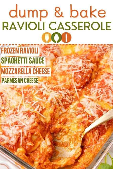 Learn how to make this dump & bake frozen Ravioli Bake with only 4 ingredients! Everything cooks in one baking dish, including the rozen ravioli, making it the perfect weeknight dinner recipe. Cheese ravioli pasta, jarred spaghetti sauce, and two kinds of cheese is all you need. Frozen Baked Ravioli, Ravioli Dump And Bake, Ww Ravioli Recipes, Frozen Spinach And Cheese Ravioli Recipes, What To Do With Frozen Ravioli, Recipes Using Frozen Beef Ravioli, Frozen Pasta Bake, Frozen Ravioli Casserole Recipes, Toasted Ravioli Casserole