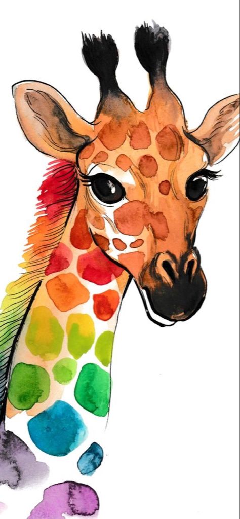 Rainbow Giraffe, Ink And Watercolor, A Drawing, Watercolor Illustration, Rainbow, Canvas, Art