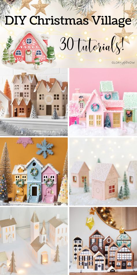 Natal, Diy Christmas Town Display, Diy Putz House Templates, Xmas Village Diy Cardboard Houses, Diy Holiday Village, Christmas Village Houses Patterns, How To Build Miniature House, Paper House Christmas Village, Cricut Christmas Village Projects