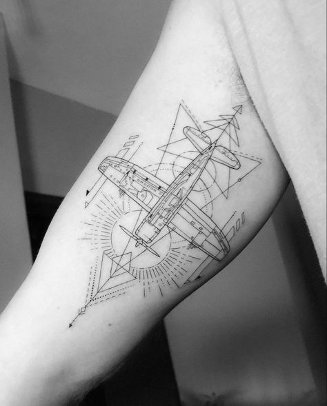 Aviation Tattoo, Air Force Tattoo, Blueprint Design, Geometric Tattoo Sleeve Designs, Plane Tattoo, Airplane Tattoos, Leo Tattoos, Fine Line Tattoo, Cool Small Tattoos