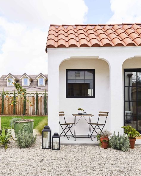 Spanish Style Flat Roof House, Small Spanish House, Teak Bench Outdoor, Emily Henderson, Aging In Place, Patio Interior, Wrap Around Porch, Teak Outdoor, Iron Doors