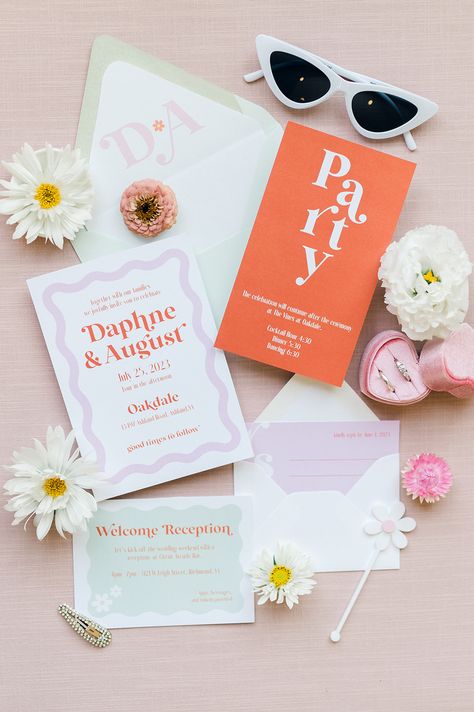 Custom Wedding Invitation Design, Vintage Wedding, Retro Wedding, Wedding Invitations Retro Wedding Invitations Vintage, Festival Wedding Invite, Retro Garden Party Wedding, Wedding Invitations Retro, Maximalist Wedding Invitations, Bright Invitations, Retro Wedding Invites, Playful Wedding Invitations, Retro Wedding Stationery