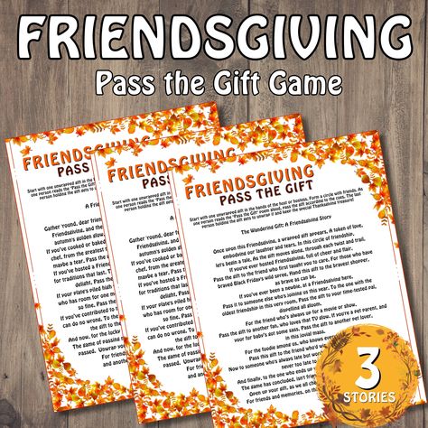 Thanksgiving Pass the Gift Game for Friendsgiving - Dive into Festive Fun with a Heartfelt Gift Exchange Game for Instant Download Inject a dose of camaraderie and gratitude into your Friendsgiving celebrations with our Thanksgiving Pass the Gift Game! In this spirited game, participants pass gifts to the left or right as they delve into a Friendsgiving tale brimming with thankfulness, friendship, and playful twists. Everyone will be buzzing with curiosity: Who will be the fortunate one to unwrap the coveted gift? The suspense will have friends sharing laughter and anticipation! Perfect for Friendsgiving gatherings, friendly dinners, or any festive occasion. Our Thanksgiving Pass the Gift Game is the quintessential way to strengthen bonds and celebrate the essence of gratitude among friend Thanksgiving Gift Exchange Game, Relief Society Friendsgiving, Friendsgiving Gift Ideas, Friendsgiving Games For Adults, Friendsgiving Gifts, Pass The Gift Game, Pass The Parcel, Friendsgiving Games, Thanksgiving Planning