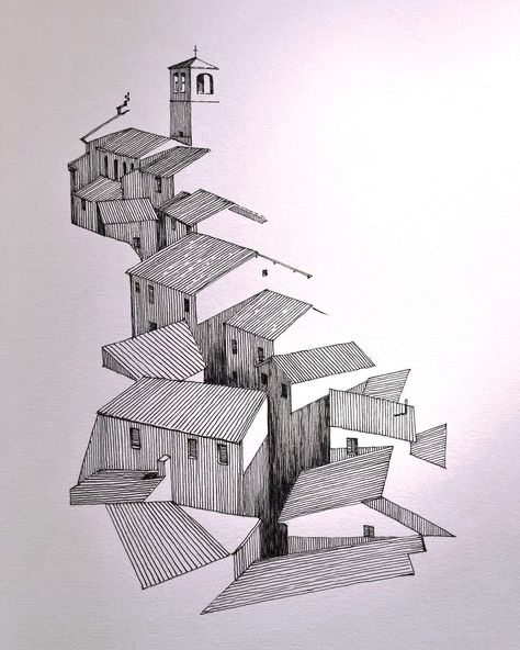 Architectural Pen Sketches, Drawing Inspiration Sketch, Architecture Hatching, Architectural Line Drawing, Architecture Abstract Drawing, Abstract Sketches Creative, Light Source Drawing, Drawing Ideas Architecture, Cool Pen Drawings