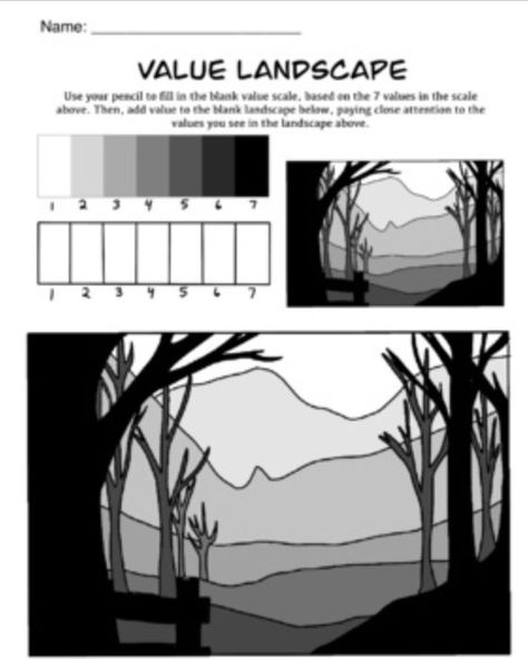 Shading And Value Worksheet, Value Art Element, Value Elements Of Design, Value Scale Art Projects, How To Teach Value In Art, Value Lessons In Art Elementary, Form And Value Art Project, Monochromatic Art Projects, Acromatic Painting