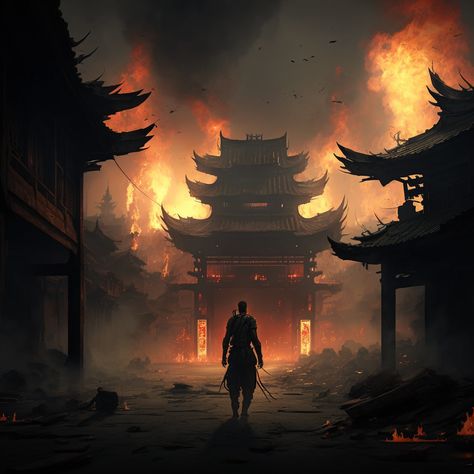 Fantasy Burning City, Chinese Demon Art, Chinese Mythology Aesthetic, Chinese Fantasy Aesthetic, Tom Tattoo, Chinese Demon, Avatar Drawing, Fantasy Quest, Crimson Flower