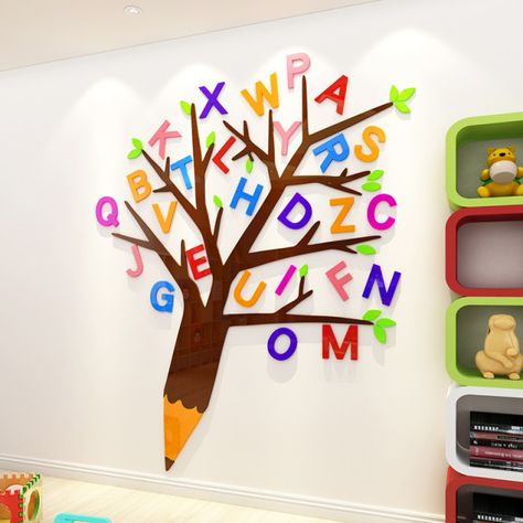 3D Letters Tree Wall Sticker Decorative Children Room Kindergarten DIY Cartoon Wall Stickers Decals Wallpaper S/M/L Kids Gift _ - AliExpress Mobile Kindergarten Wall Painting, Kindergarten Corridor, School Wall Art Ideas, Preschool Painting, Room Kindergarten, Lab Ideas, Pencil Trees, Classroom Wall Decor, School Wall Art