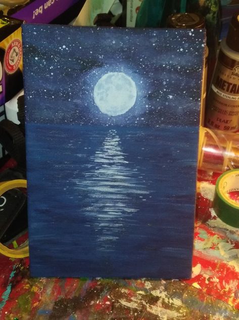 Midnight Moon over water acrylic painting. #acrylicpainting #moonpainting #oceanpainting Water Painting Aesthetic Easy, Painting Ideas For Acrylic Paint, Midnight Acrylic Painting, Midnight Canvas Painting, Moonlight On Water Painting, Moon And Water Painting, Paint Inspo Easy Acrylic Abstract, Moon On Water Painting, Moonlight Painting Acrylics