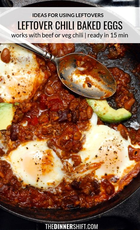 Chili And Eggs Breakfast, Bulk Egg Recipes, Chili Eggs Breakfast, Leftover Chilli Ideas, Breakfast Chili, Chili Eggs, Leftover Chilli, Chili Breakfast, Leftover Chili Recipes