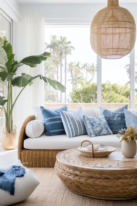 Coastal Boho Decor, Blue Beach House, Malibu Home, Beach House Living Room, Apartment Decoration, Coastal Interiors Design, Vogue Living, Coastal Living Rooms, Bleu Pastel