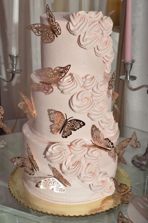 Finding a teen birthday cake can be difficult but we love this gorgeous pink butterfly theme birthday cake! #birthdaycake #sweet16cake #quinceaneracake Quinceañera Cakes Pink, Sweet 16 3 Tier Cake, Butterfly Pink Quinceanera, Quince Cakes Pink Butterfly, Light Pink Butterfly Cake, Sweet 16 Cake Ideas Simple, Rose Gold Butterfly Quinceanera Theme, Sweet Sixteen Pink Theme, Butterfly Themed Quince