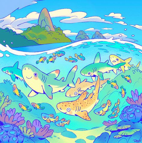 Shark Art, Cute Shark, Sea Art, Marine Animals, 판타지 아트, Cute Animal Drawings, Archipelago, Funky Art, 귀여운 동물