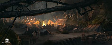 Camp | Video Games Artwork Fantasy Nomad, Camp Concept Art, Bandit Camp, Background Scenery, Forest Camp, Fall Camping, Fiction Idea, Flag Art, Black Flag