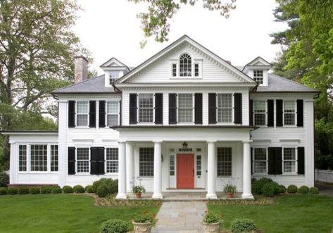 East Coast Ivy League Prep. This David Adler home was formerly a Princeton Eating Club and was moved to its current location in the early 1900's. Our Princeton architects designed this front porch addition to restore the home to its original grandeur while also adding a second floor master bath and separate entrance hall White House Black Shutters, American Home Design, White Colonial, Family Houses, Red Front Door, Black Shutters, Colonial Style Homes, Colonial Design, Architecture Construction