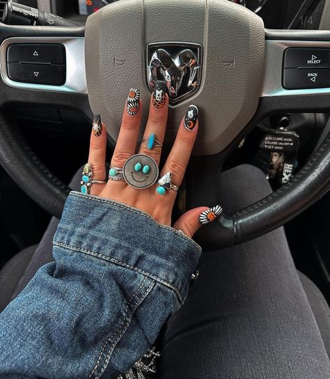 Western Ghost Nails, Dark Western Nails, Mechanic Nails, Cowboy Halloween Nails, Koe Wetzel Nails, Christmas Nails Western, Christmas Western Nails, Western Halloween Nails, Turquoise Western Nails