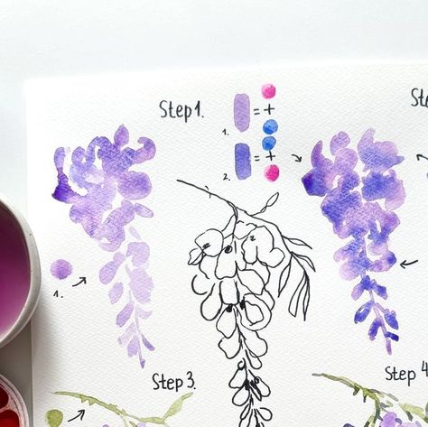 Anna Koliadych on Instagram: "Step-by-step tutorial on how to paint a wisteria branch with watercolor 💜🎨. I have created this tutorial for my students with step-by-step descriptions and all the details. It’s already available in my private Facebook group🥰, and I decided that it would be fun to share it here. Maybe it will also be helpful for some of you 🥰❤️ #watercolor #watercolortutorial #wisteria #howtopaint #howtodraw #arttutorial #artprocess" Wisteria Watercolor Tutorial, Wisteria Drawing Tutorial, How To Paint Wisteria, Wisteria Drawing, Wisteria Branch, Wisteria Watercolor, Wisteria Painting, Watercolor Loose, Wisteria Plant