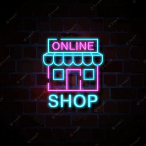 Neon, Online Shop Icon, Sign Illustration, Neon Style, Vector Online, Logo Creation, Shop Icon, Premium Vector, Online Shop