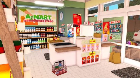 Bloxburg Grocery Store Ideas, Convenience Store Interior, Bloxburg Town Layout Small Plot, Preppy House, Blocksburg Room Ideas￼, Free House Design, Bloxburg Decals Codes Wallpaper, House Decorating Ideas Apartments, Small House Layout