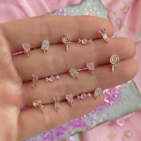 Pretty Ear Piercings, Pink Studs, Fancy Jewellery, Gold Earrings Designs, Stud Set, Pink Earrings, Fantasy Jewelry, Small Earrings, Girly Jewelry