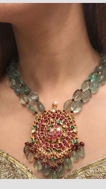 30 Emerald beads Necklace designs! | Fashionworldhub Precious Beads Jewellery Indian, Beads Jewellery Indian, Pearl Bridal Jewelry Sets, Simple Bridal Jewelry, Temple Necklace, Beaded Necklace Designs, Indian Temple, Antique Jewelry Indian, Gold Pendant Jewelry