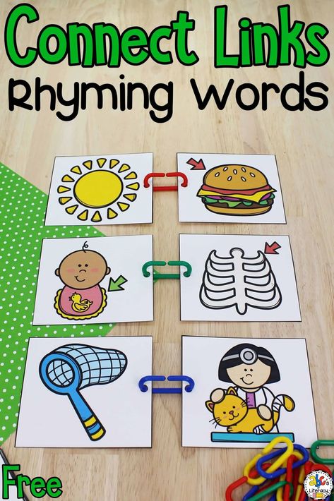 This Connect Links Rhyming Words Activity is a fun way for kids to practice identifying rhyming words and develop fine motor skills. Rhyming Words Cards Free Printable, Rhyming Word Activities Preschool, Rhyming Activity Preschool, Rhyming Activities Kindergarten, Rhyming Practice, Rhyming Words Activity, Fry Words Activities, Rhyming Activities Preschool, Teaching Rhyming