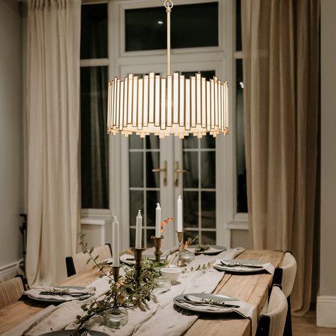 Lights In Bedroom, Gold Dining, Dining Chandelier, Dining Room Light Fixtures, Modern Glam, Drum Chandelier, Dining Living Room, Dining Room Chandelier, Drummers