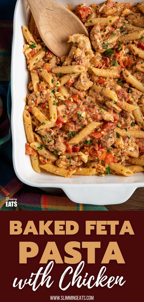 Feta Pasta With Chicken, Mediterranean Chicken Pasta, Weight Watchers Pasta, Tomato Pasta Bake, Greek Chicken Pasta, Chicken Tomatoes, Penne Pasta Recipes, Baked Feta Pasta, Pasta With Chicken