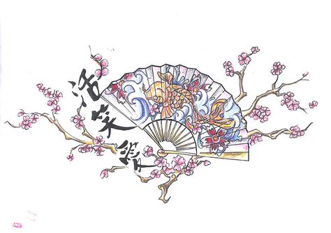 This is the closest drawing I have seen to what I want for a tattoo....except the fish. Capricorn Sign Tattoo, Tattoo Side, Cherry Blossom Drawing, Henne Tattoo, Bluebird Tattoo, Sparrow Tattoo, Fan Tattoo, Girls With Sleeve Tattoos, Chinese Fan